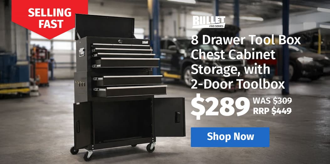 BULLET PRO 8 Drawer Tool Box Chest Cabinet Storage, with 2-Door Toolbox Garage Organiser Set, Black
