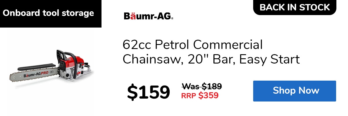 62cc Petrol Commercial Chainsaw, 20" Bar, Easy Start