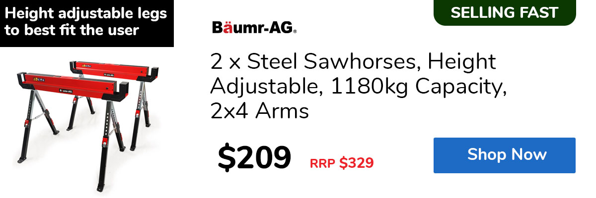 2 x Steel Sawhorses, Height Adjustable, 1180kg Capacity, 2x4 Arms