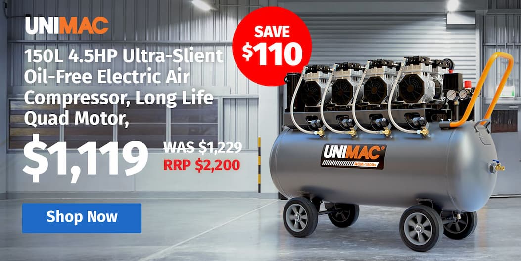 UNIMAC 150L 4.5HP Ultra-Slient Oil-Free Electric Air Compressor, Long Life Quad Motor, 116PSI Portable Heavy Duty, Twin Nitto Outlets, 15A Plug