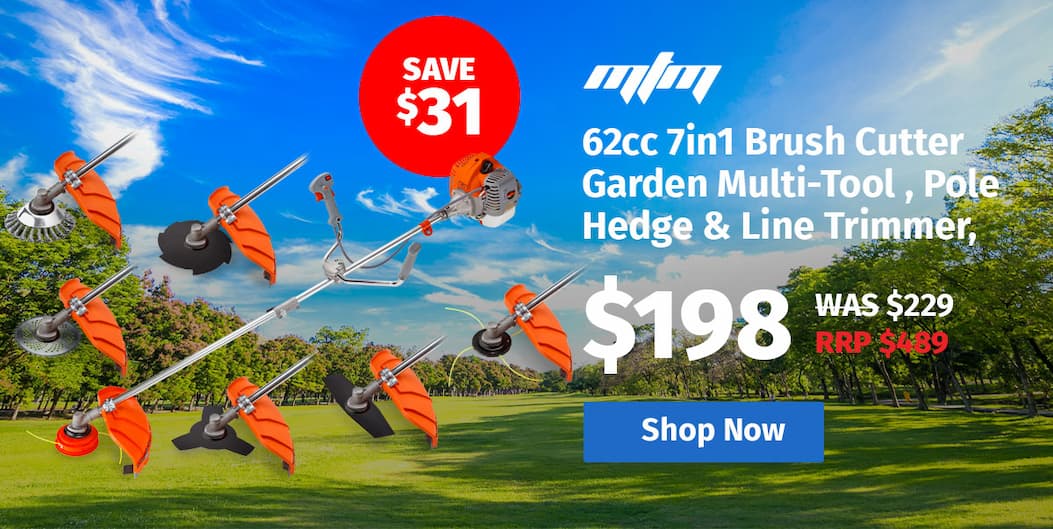 MTM 62cc 7in1 Brush Cutter Garden Multi-Tool , Pole Hedge & Line Trimmer, Bullhorn Handle, 12" Tree Trimming Pruning