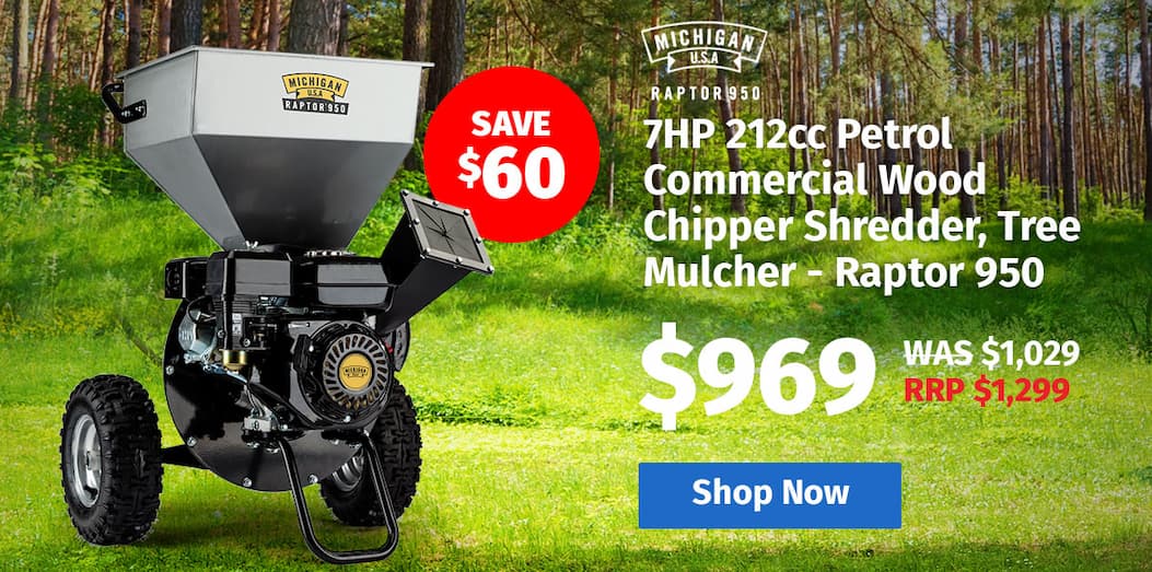 MICHIGAN 7HP 212cc Petrol Commercial Wood Chipper Shredder, Tree Mulcher - Raptor 950