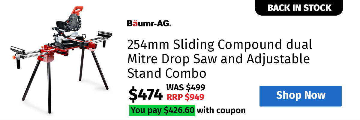 BAUMR-AG 254mm Sliding Compound dual Mitre Drop Saw and Adjustable Stand Combo