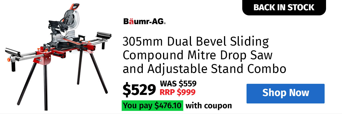 BAUMR-AG 305mm Dual Bevel Sliding Compound Mitre Drop Saw and Adjustable Stand Combo