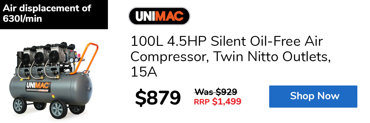 100L 4.5HP Silent Oil-Free Air Compressor, Twin Nitto Outlets, 15A