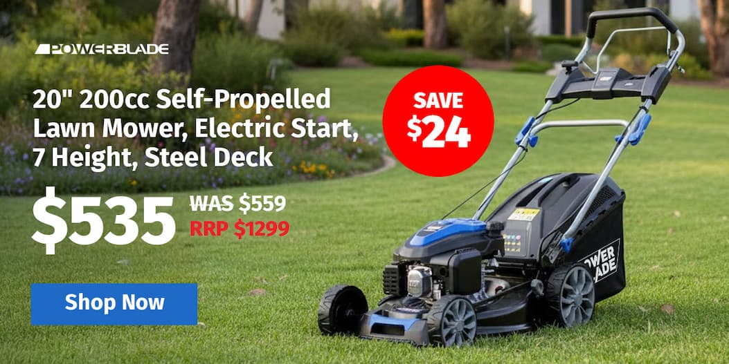 POWERBLADE 20" 200cc Self-Propelled Lawn Mower, Electric Start, 7 Height, Steel Deck, Deck Wash Port, OHV 4-Stroke Petrol - VS950