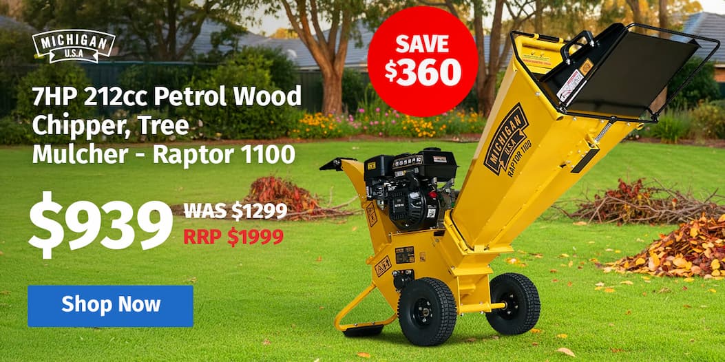 MICHIGAN 7HP 212cc Petrol Wood Chipper, Tree Mulcher - Raptor 1100