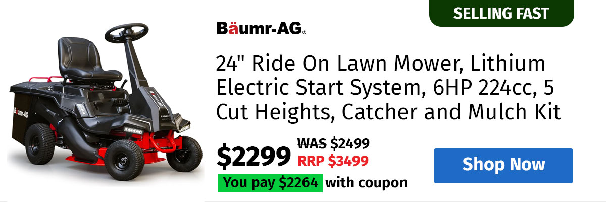 BAUMR-AG 24" Ride On Lawn Mower, Lithium Electric Start System, 6HP 224cc, 5 Cut Heights, Catcher and Mulch Kit