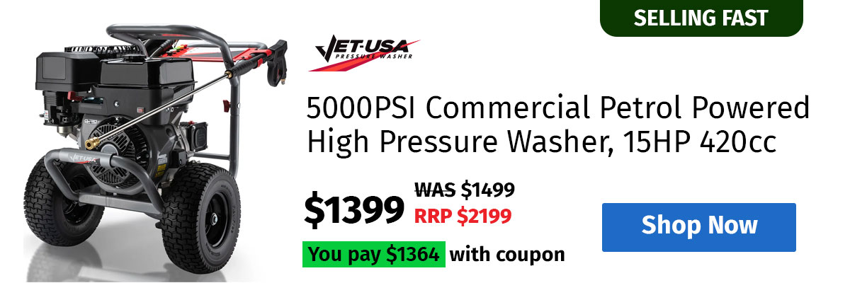 JET-USA 5000PSI Commercial Petrol Powered High Pressure Washer, 15HP 420cc, Italian Made Adjustable AR Pump, 20m Hose - TX870