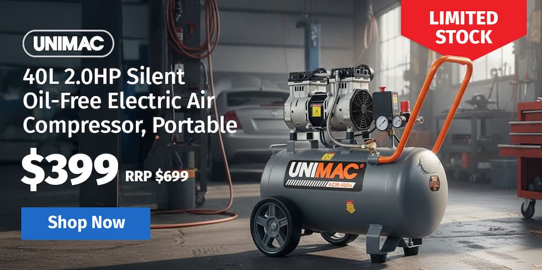 UNIMAC 40L 2.0HP Silent Oil-Free Electric Air Compressor, Portable, Twin Nitto Outlets