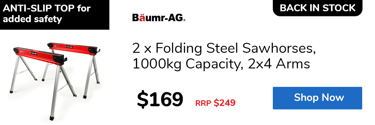 2 x Folding Steel Sawhorses, 1000kg Capacity, 2x4 Arms