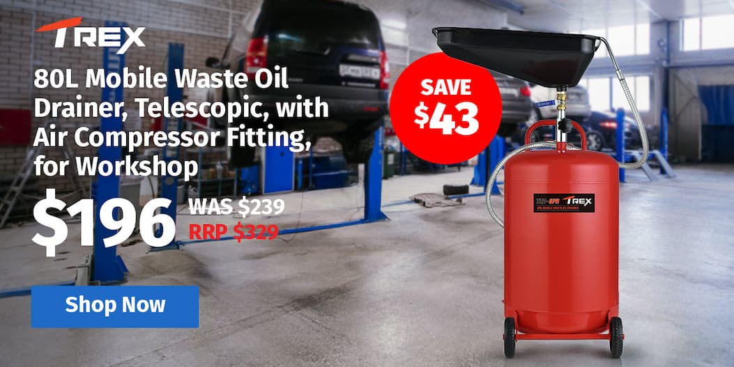 T-REX 80L Mobile Waste Oil Drainer, Telescopic, with Air Compressor Fitting, for Workshop