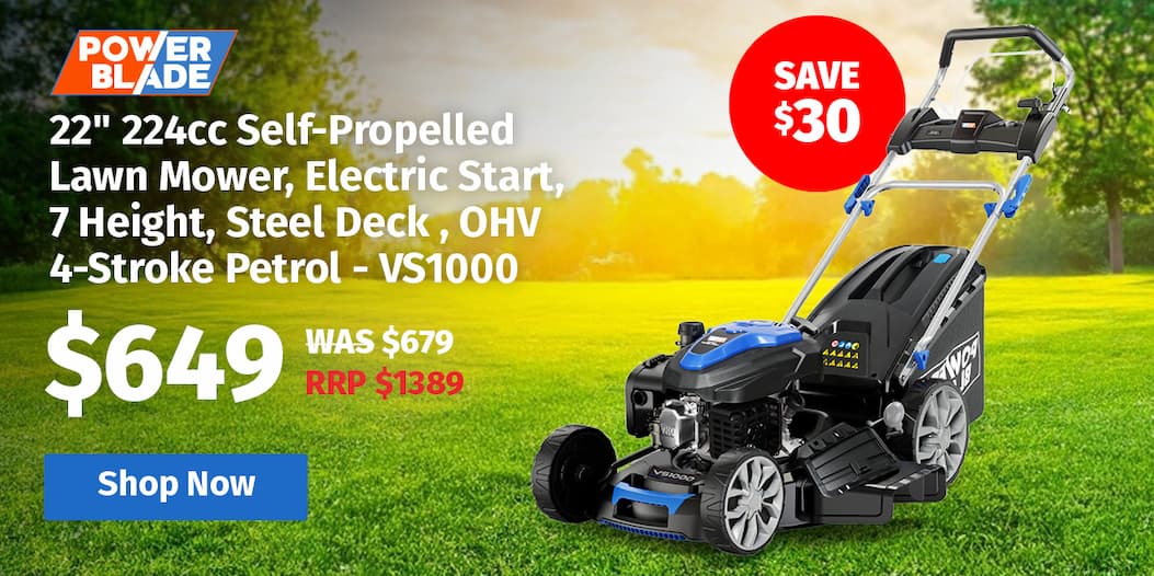 POWERBLADE 22" 224cc Self-Propelled Lawn Mower, Electric Start, 7 Height, Steel Deck, Deck Wash Port, OHV 4-Stroke Petrol - VS1000