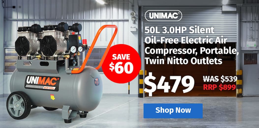 UNIMAC 50L 3.0HP Silent Oil-Free Electric Air Compressor, Portable, Twin Nitto Outlets