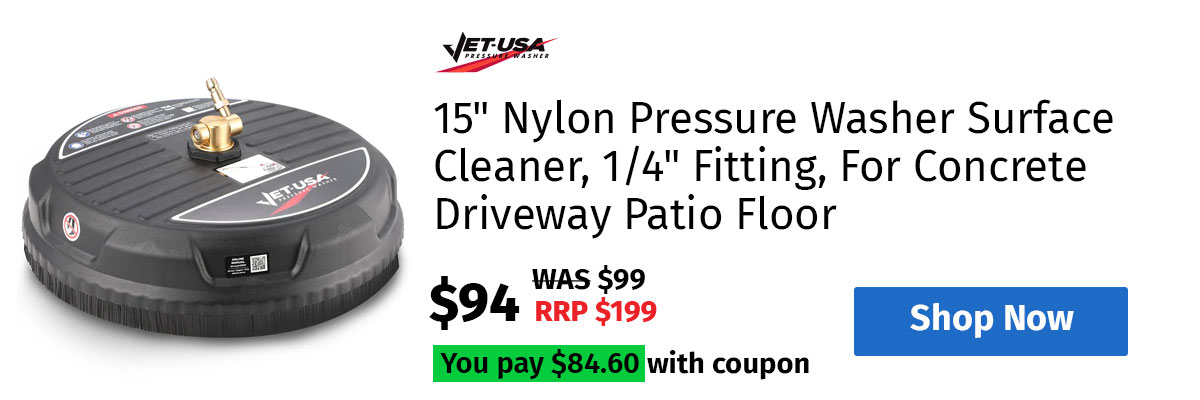JET-USA 15" Nylon Pressure Washer Surface Cleaner, 1/4" Fitting, For Concrete Driveway Patio Floor 