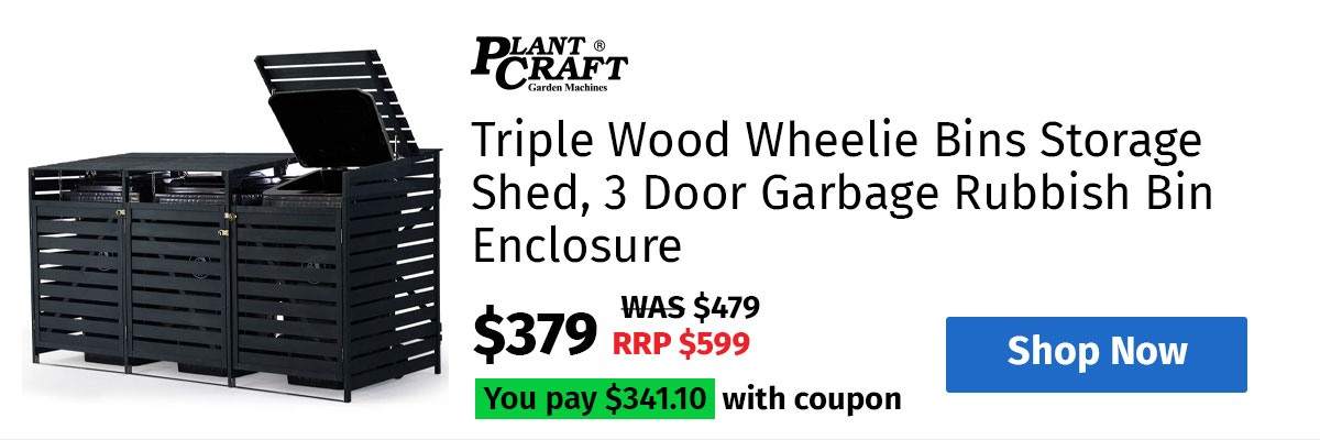 PLANTCRAFT Triple Wood Wheelie Bins Storage Shed, 3 Door Garbage Rubbish Bin Enclosure