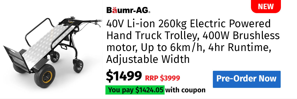  PRE-ORDER BAUMR-AG 40V Li-ion 260kg Electric Powered Hand Truck Trolley, 400W Brushless motor, Up to 6km/h, 4hr Runtime, Adjustable Width, Folds for Logistics, Moving