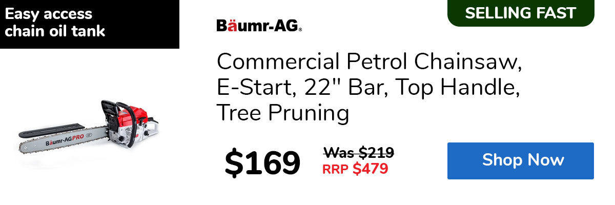Commercial Petrol Chainsaw, E-Start, 22" Bar, Top Handle, Tree Pruning