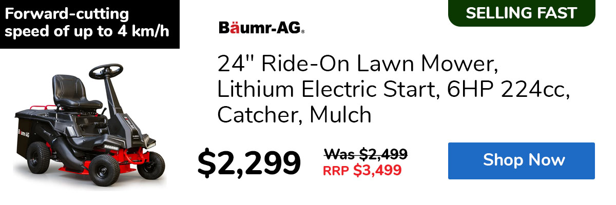 24" Ride-On Lawn Mower, Lithium Electric Start, 6HP 224cc, Catcher, Mulch