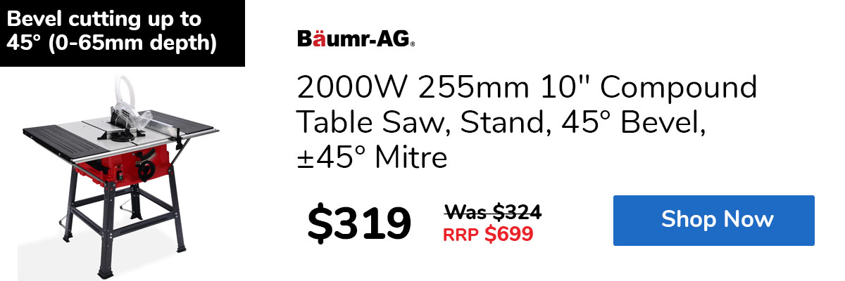 2000W 255mm 10" Compound Table Saw, Stand, 45° Bevel, ±45° Mitre