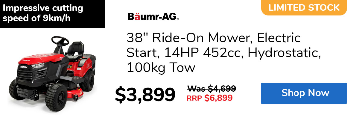 38" Ride-On Mower, Electric Start, 14HP 452cc, Hydrostatic, 100kg Tow
