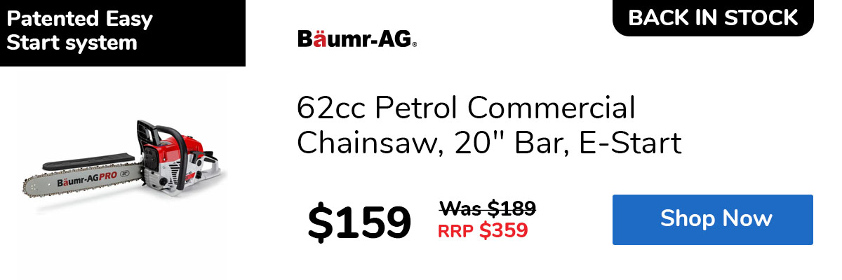 62cc Petrol Commercial Chainsaw, 20" Bar, E-Start