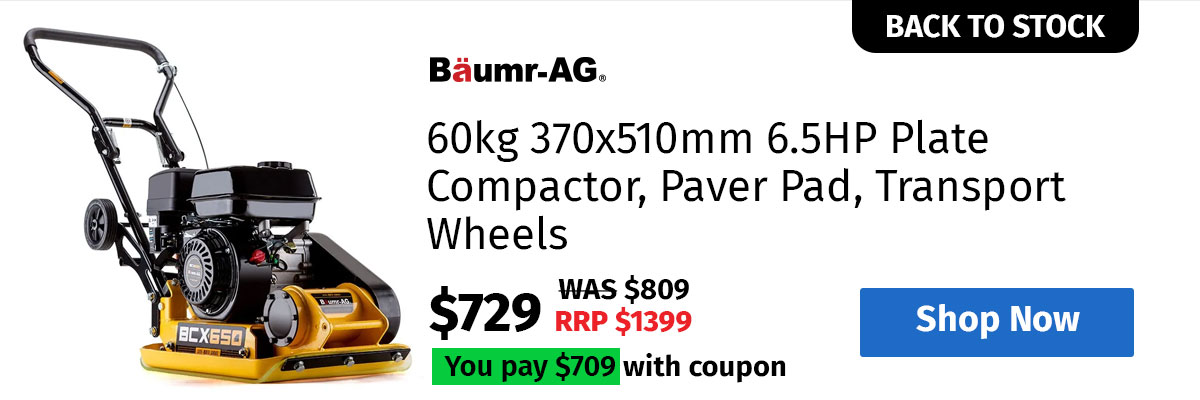 BAUMR-AG 60kg 370x510mm 6.5HP Plate Compactor, Paver Pad, Transport Wheels