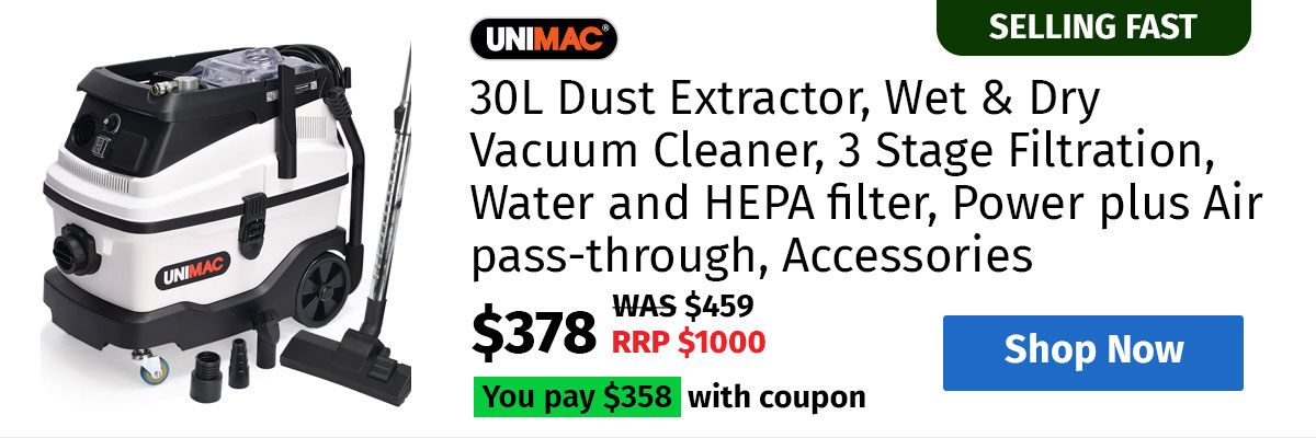 UNIMAC 30L Dust Extractor, Wet & Dry Vacuum Cleaner, 3 Stage Filtration, Water and HEPA filter, Power plus Air pass-through, Accessories