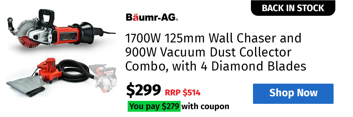 BAUMR-AG 1700W 125mm Wall Chaser and 900W Vacuum Dust Collector Combo, with 4 Diamond Blades