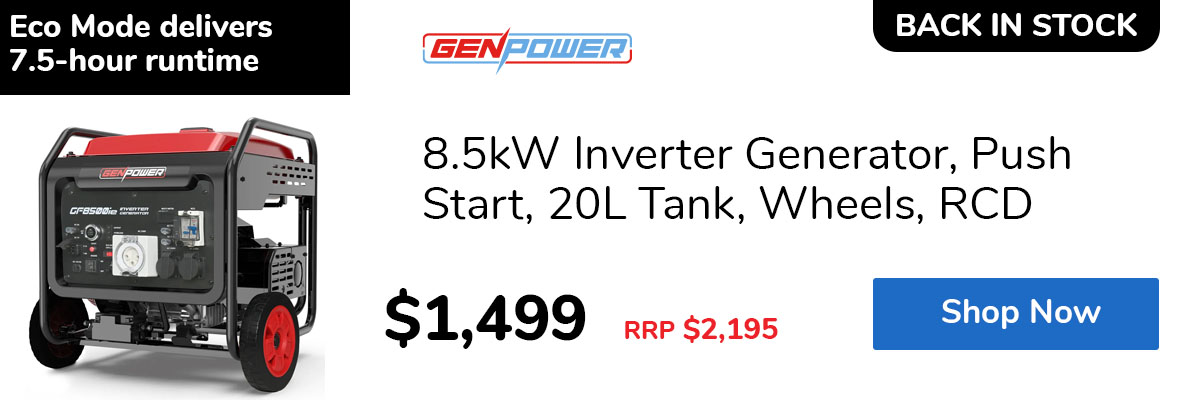 8.5kW Inverter Generator, Push Start, 20L Tank, Wheels, RCD