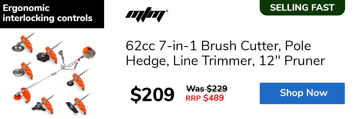 62cc 7-in-1 Brush Cutter, Pole Hedge, Line Trimmer, 12" Pruner