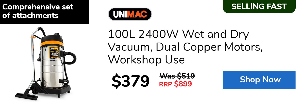 100L 2400W Wet and Dry Vacuum, Dual Copper Motors, Workshop Use