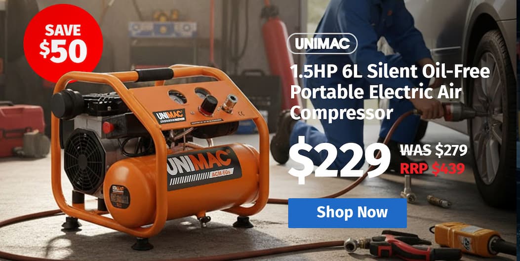 UNIMAC 1.5HP 6L Silent Oil-Free Portable Electric Air Compressor, for Airtools, Tyre Inflation