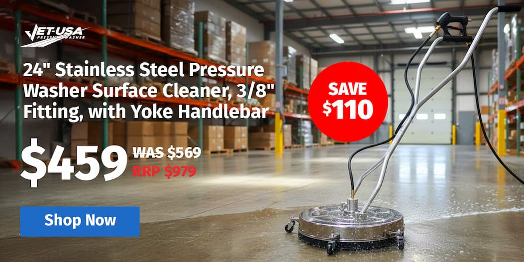 JET-USA 24" Stainless Steel Pressure Washer Surface Cleaner, 3/8" Fitting, with Yoke Handlebar, For Concrete Driveway Patio Floor 