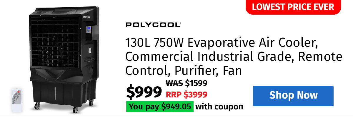 POLYCOOL 130L 750W Evaporative Air Cooler, Commercial Industrial Grade, Remote Control, Purifier, Fan