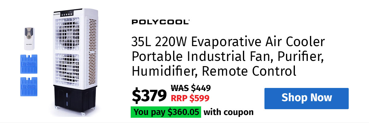 POLYCOOL 35L 220W Evaporative Air Cooler Portable Industrial Fan, Purifier, Humidifier, Remote Control