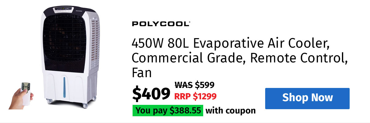 POLYCOOL 450W 80L Evaporative Air Cooler, Commercial Grade, Remote Control, Fan