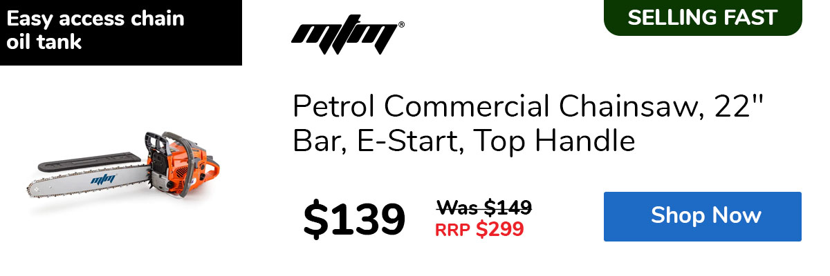 Petrol Commercial Chainsaw, 22" Bar, E-Start, Top Handle