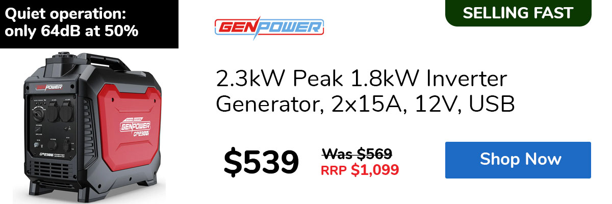 2.3kW Peak 1.8kW Inverter Generator, 2x15A, 12V, USB