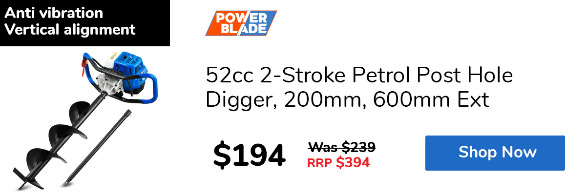 52cc 2-Stroke Petrol Post Hole Digger, 200mm, 600mm Ext
