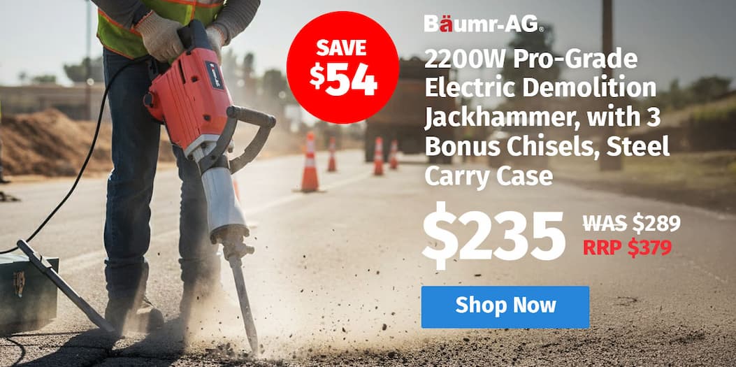 BAUMR-AG 2200W Pro-Grade Electric Demolition Jackhammer, with 3 Bonus Chisels, Steel Carry Case