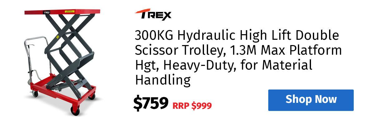T-REX 300KG Hydraulic High Lift Double Scissor Trolley, 1.3M Max Platform Hgt, Heavy-Duty, for Material Handling