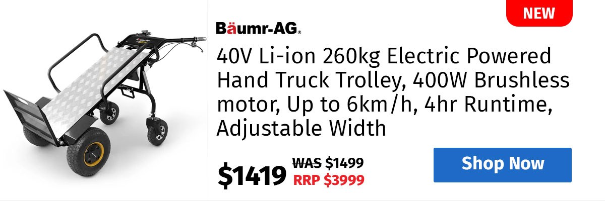 BAUMR-AG 40V Li-ion 260kg Electric Powered Hand Truck Trolley, 400W Brushless motor, Up to 6km/h, 4hr Runtime, Adjustable Width, Folds for Logistics, Moving