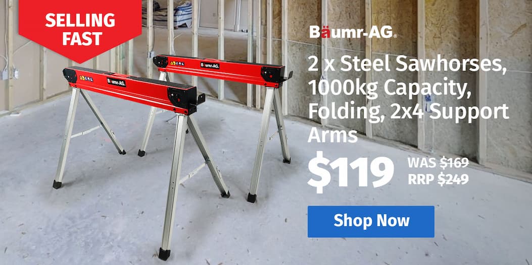 BAUMR-AG 2 x Steel Sawhorses, 1000kg Capacity, Folding, 2x4 Support Arms