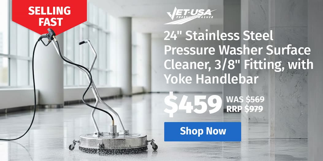 JET-USA 24" Stainless Steel Pressure Washer Surface Cleaner, 3/8" Fitting, with Yoke Handlebar, For Concrete Driveway Patio Floor 