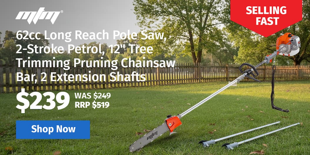 MTM 62cc Long Reach Pole Saw, 2-Stroke Petrol, 12" Tree Trimming Pruning Chainsaw Bar, 2 Extension Shafts