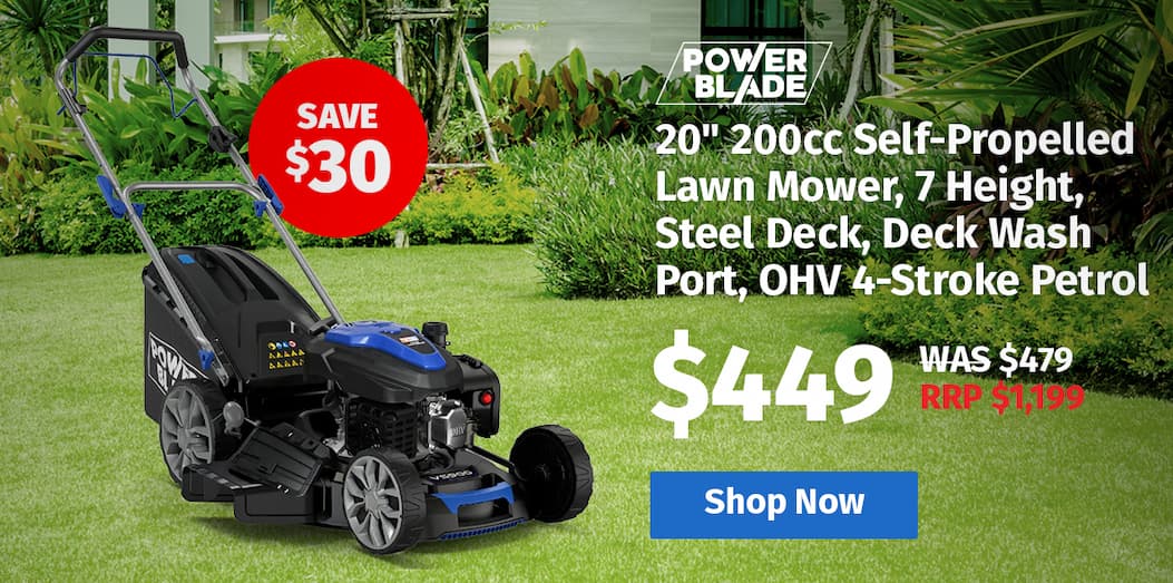 POWERBLADE 20" 200cc Self-Propelled Lawn Mower, 7 Height, Steel Deck, Deck Wash Port, OHV 4-Stroke Petrol - VS900