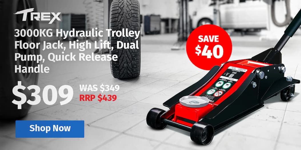 T-REX 3000KG Hydraulic Trolley Floor Jack, High Lift, Dual Pump, Quick Release Handle
