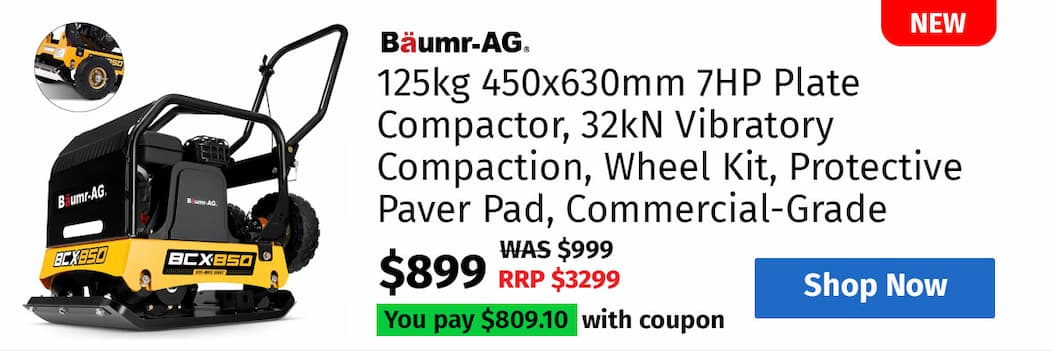 BAUMR-AG 125kg 450x630mm 7HP Plate Compactor, 32kN Vibratory Compaction, Wheel Kit, Protective Paver Pad, Commercial-Grade