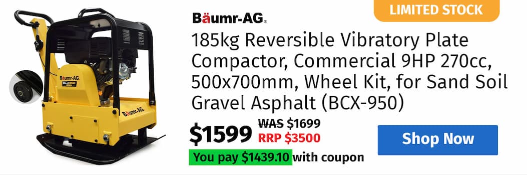 BAUMR-AG 185kg Reversible Vibratory Plate Compactor, Commercial 9HP 270cc, 500x700mm, Wheel Kit, for Sand Soil Gravel Asphalt (BCX-950)